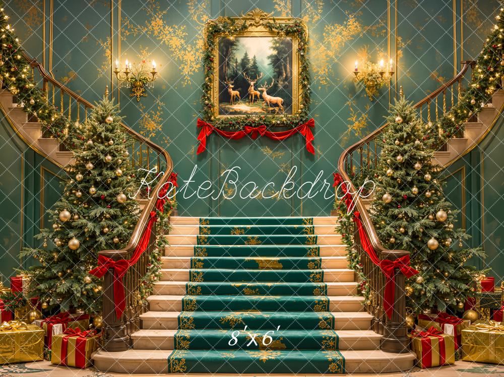 Kate Christmas Cascading Stairs Trees Painting Backdrop Designed by Emetselch