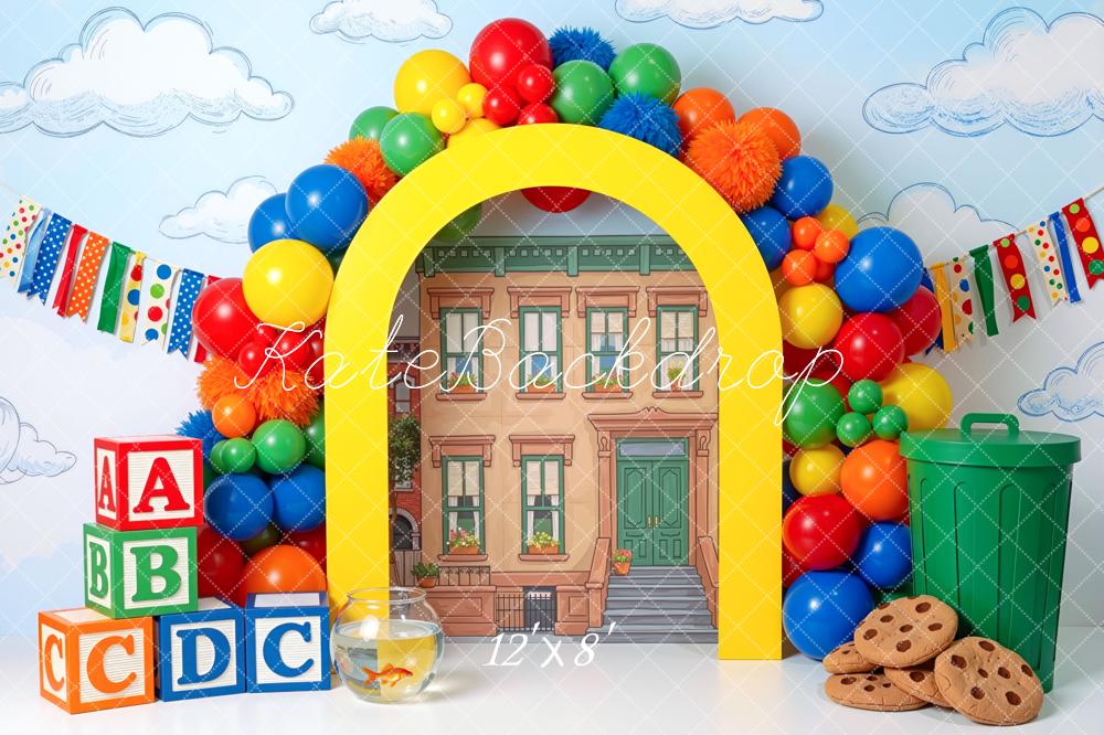Kate Back to School Rainbow Balloon Arch ABC Blocks Printed Backdrop Designed by Mini MakeBelieve