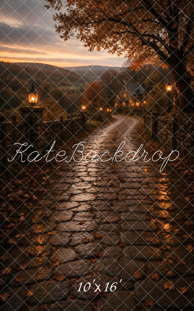 Kate Sweep Fall Cobblestone Country Path Lamp Posts Printed Backdrop Designed by Vertigo Productions