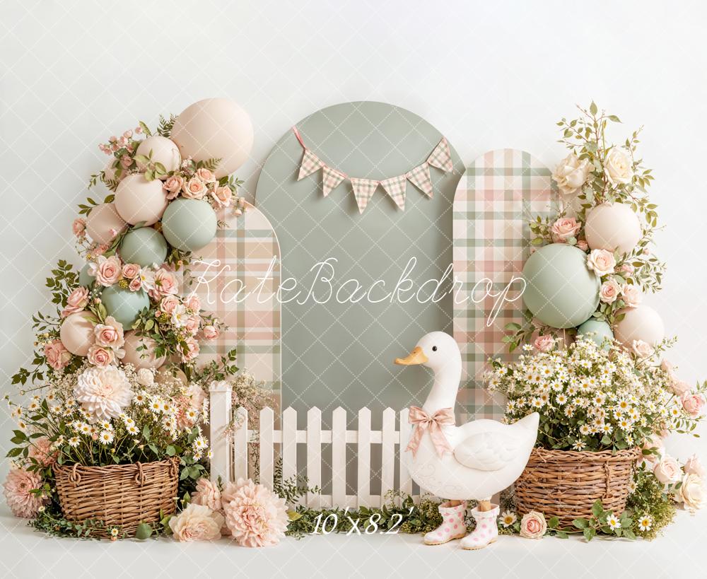 Kate Cake Smash Silly Goose Flower Arch Plaid Balloons Picket Fence Backdrop Designed by Emetselch