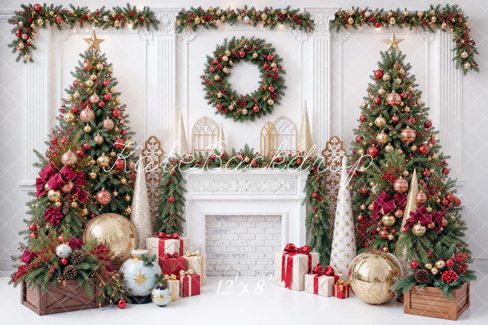 Kate Christmas Fireplace Christmas Tree Garland Presents Printed Backdrop Designed by Mini MakeBelieve