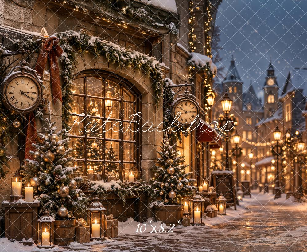 Kate Christmas Snowy Village Street Vintage Clock Printed Backdrop Designed by Emetselch