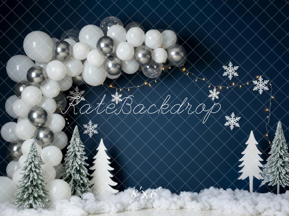 Kate Christmas Balloon Arch Snowflake Winter Trees Blue Backdrop Designed by Patty Roberts