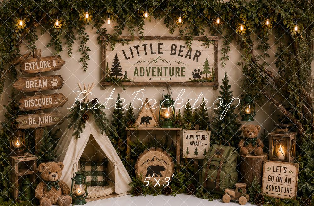 Kate Kids Birthday Forest Adventure Camping Teepee Bear Printed Backdrop Designed by Ashley Paul