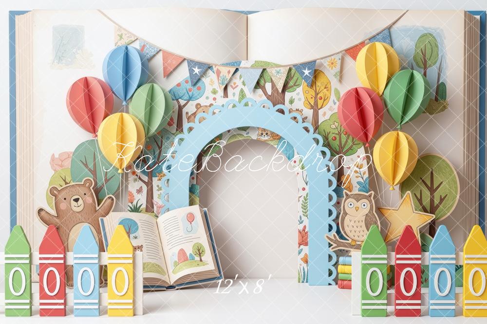 Kate Back to School Crayon Paper Balloons Arch Animals Storybook Printed Backdrop Designed by Mini MakeBelieve