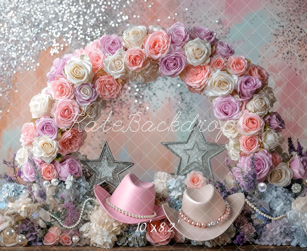 Kate Flower Cowgirl Arch Glitter Stars Pastel Hats Backdrop Designed by Mini MakeBelieve