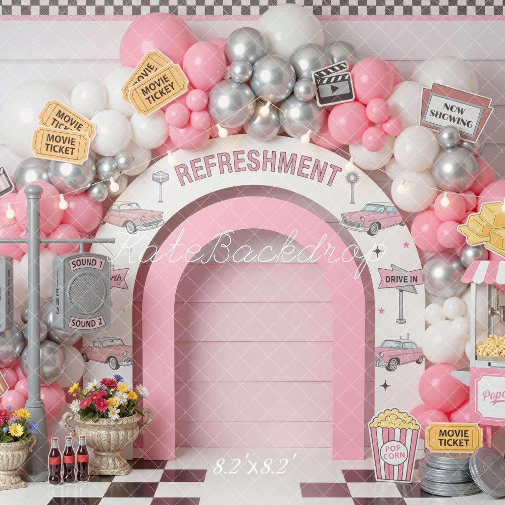Kate Cake Smash Drive In Movie Refreshment Arch Balloons Popcorn Cart Printed Backdrop Designed by Mini MakeBelieve