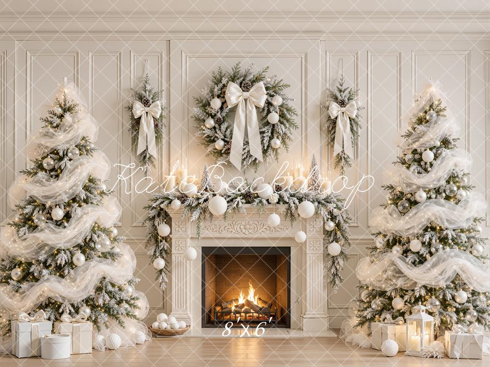 Kate Christmas Trees White Sheer Organza Ribbon Fireplace Wreath Printed Backdrop Designed by Emetselch