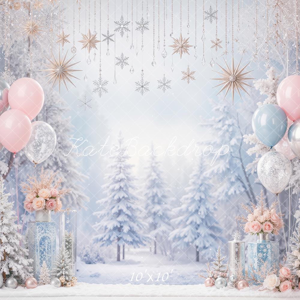 Kate Christmas Snowy Trees Balloons Ornaments Printed Backdrop Designed by Shutter Swan Studios