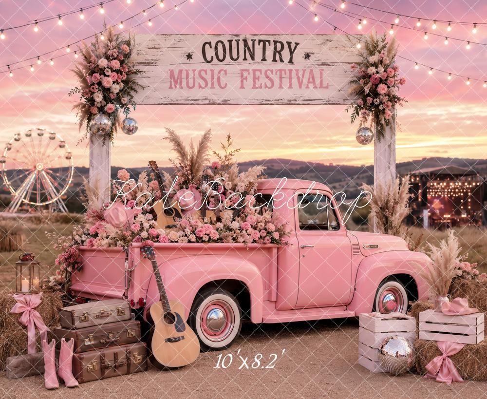 Kate Country Music Festival Pink Truck Floral Arch Printed Backdrop Designed by Ashley Paul