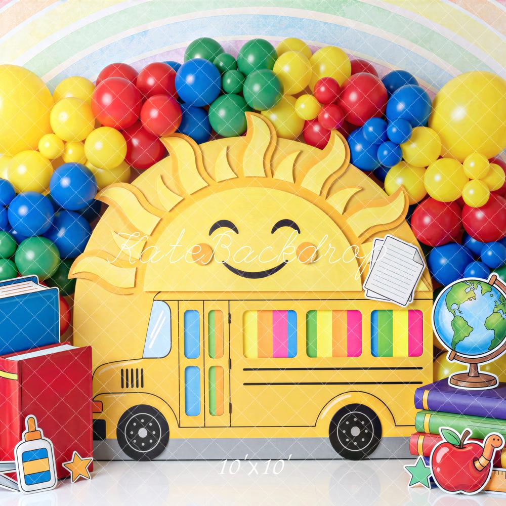 Kate Back To School School Bus Sun Rainbow Printed Backdrop Designed by Mini MakeBelieve
