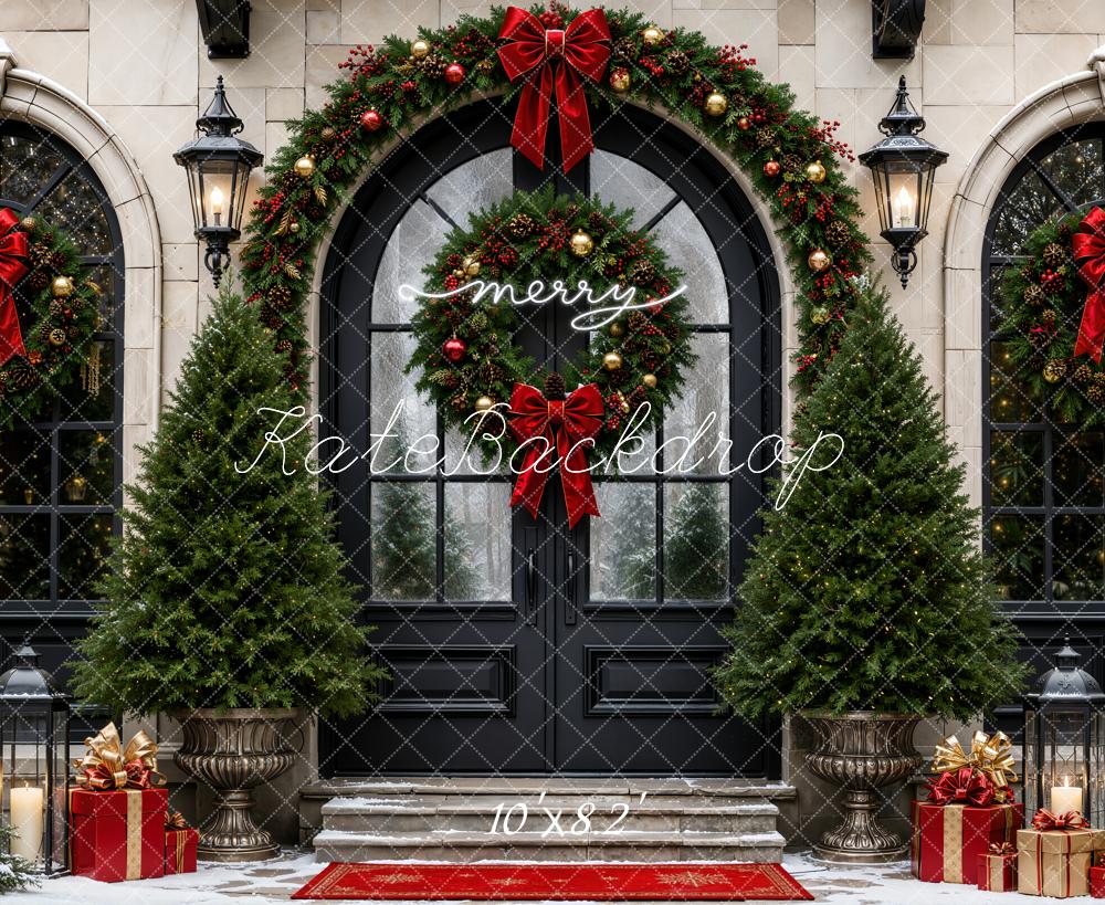 Kate Christmas Retro Black Entryway Arched Doorway Wreaths Trees Bows Printed Backdrop Designed by Emetselch
