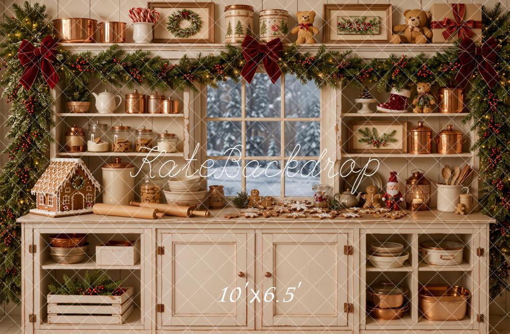 Kate Christmas White Kitchen Cabinet Garland Gingerbread Printed Backdrop Designed by Emetselch