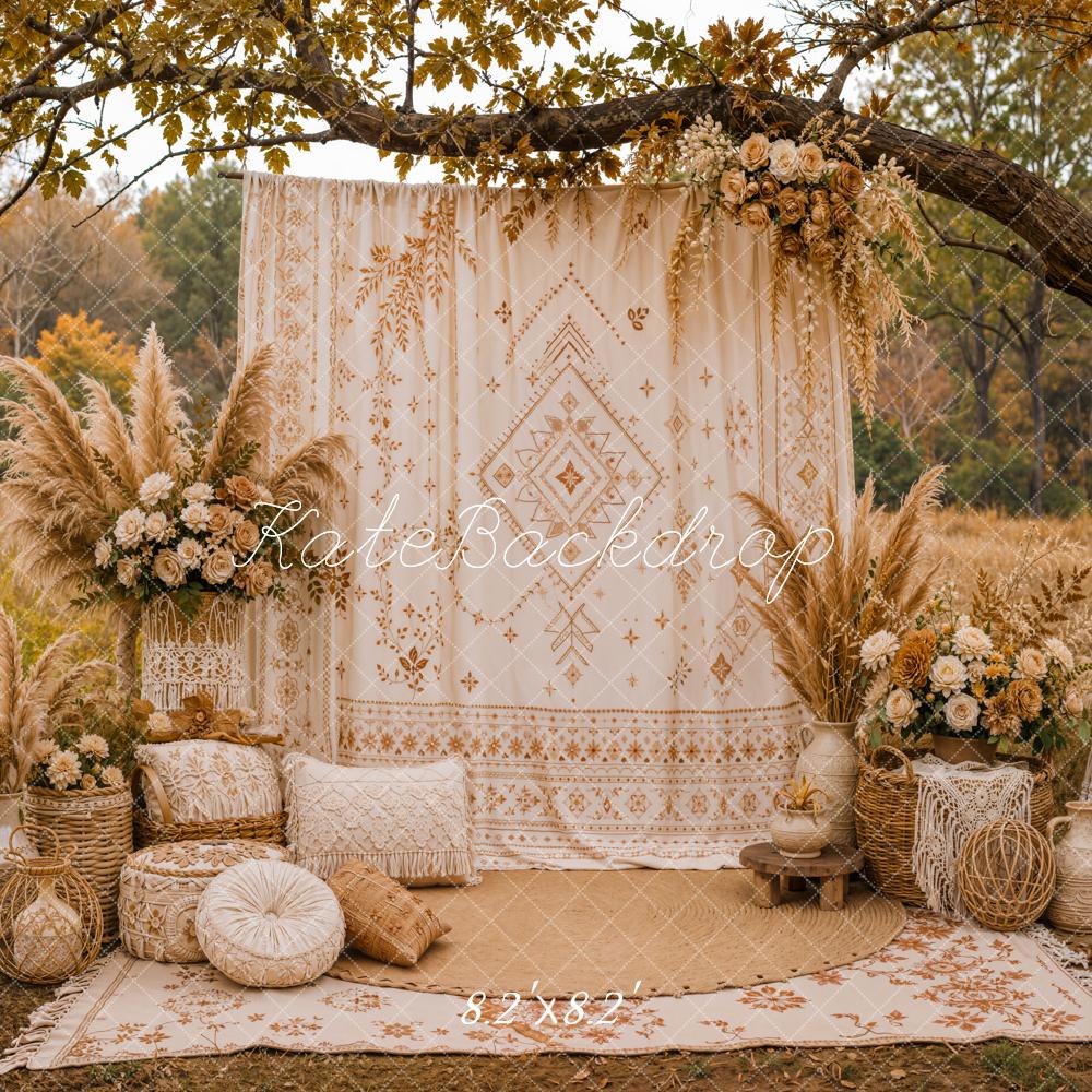 Kate Fall Boho Floral Pampas Grass Branch Arch Printed Backdrop Designed by Emetselch