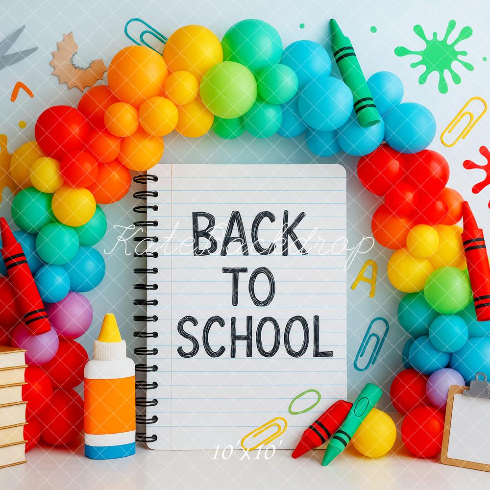 Kate Back to School Notebook Colorful Balloon Arch Backdrop Designed by Patty Roberts