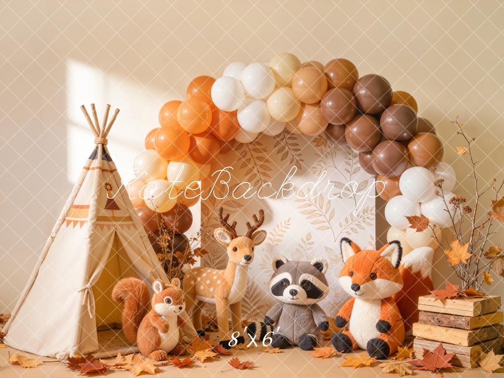 Kate Cake Smash Fall Woodland Balloon Arch Teepee Animals Printed Backdrop Designed by Emetselch
