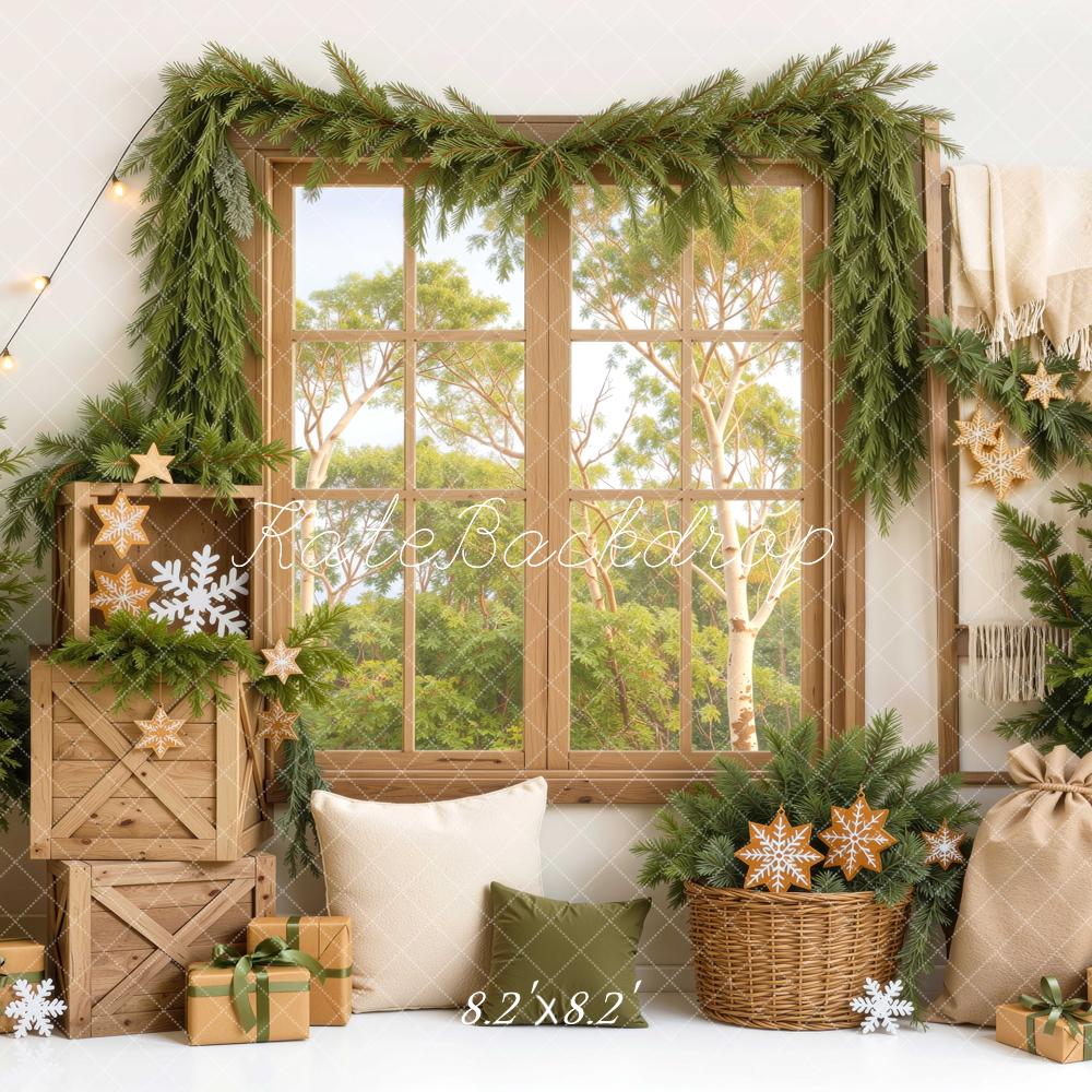 Kate Christmas Australian Rustic Window Evergreen Garland Gifts Printed Backdrop Designed by Mini MakeBelieve