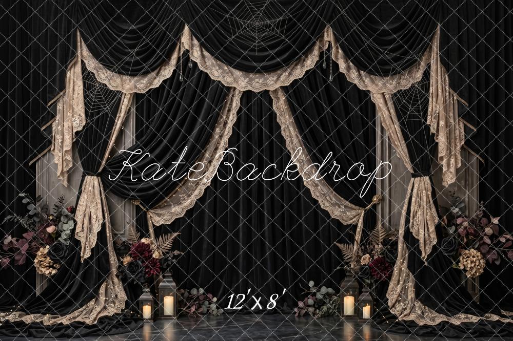 Kate Halloween Gothic Black Lace Victorian Mourning Drapery Printed Backdrop Designed by Patty Roberts