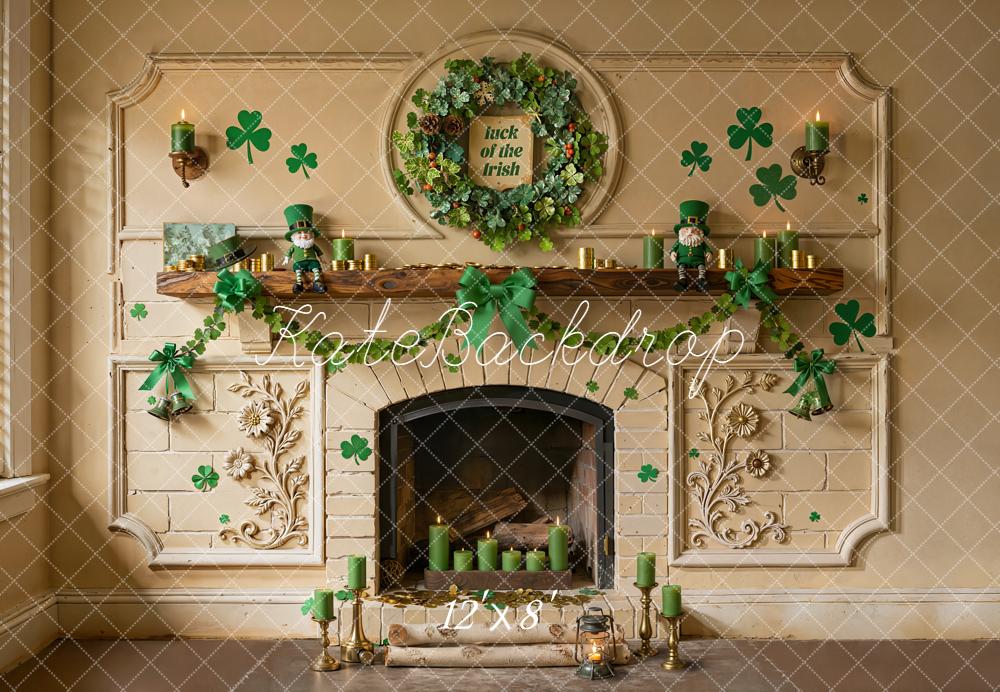 Kate St. Patrick's Day Fireplace Shamrock Green Wreath Printed Backdrop Designed by Emetselch
