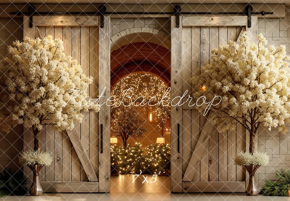 Kate Spring Flower Arch Wooden Doors Warm Lights Printed Backdrop Designed by Mini MakeBelieve