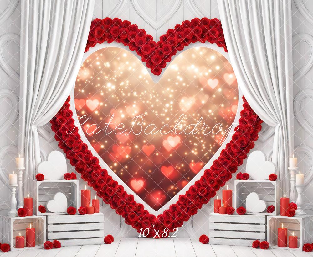 Kate Red Heart Roses White Curtains Candles Backdrop Designed by Mini MakeBelieve