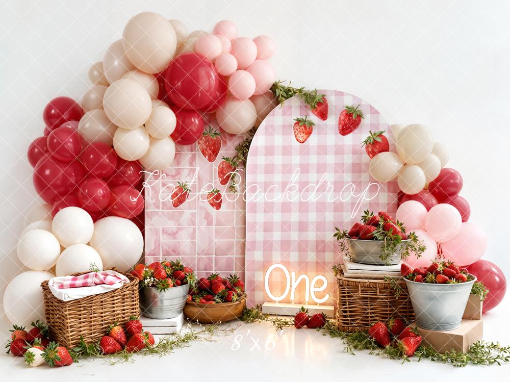 Kate Cake Smash Strawberry Picnic Balloons Pink Gingham Backdrop Designed by Emetselch