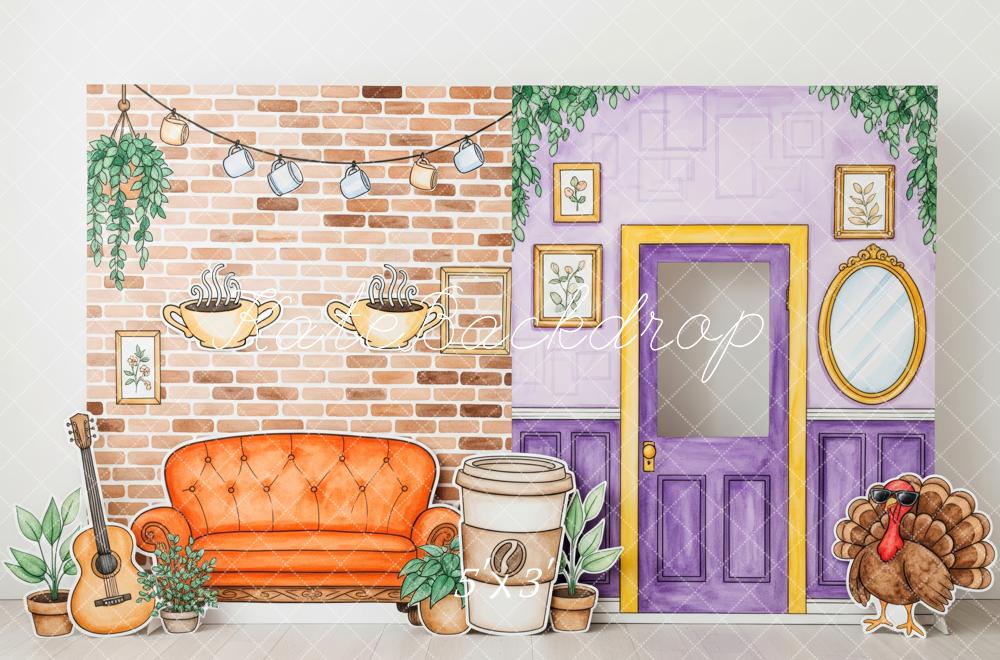 Kate Cozy Coffee Living Room Brick Wall Purple Door Couch Turkey Backdrop Designed by Patty Roberts