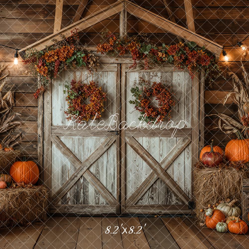 Kate Fall Rustic Barn Pumpkins Haystack Wood Backdrop Designed by Emetselch