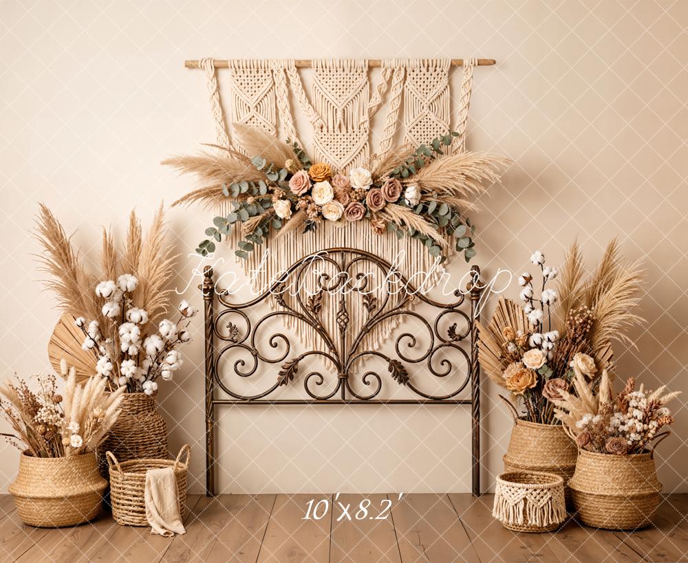 Kate Boho Headboard Macrame Dried Flowers Pampas Grass Beige Backdrop Designed by Emetselch