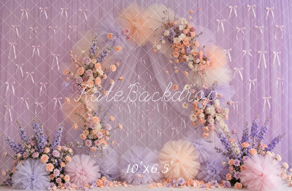 Kate Mother's Day Flower Arch Pastel Tulle Bows Purple Roses Backdrop Designed by Emetselch