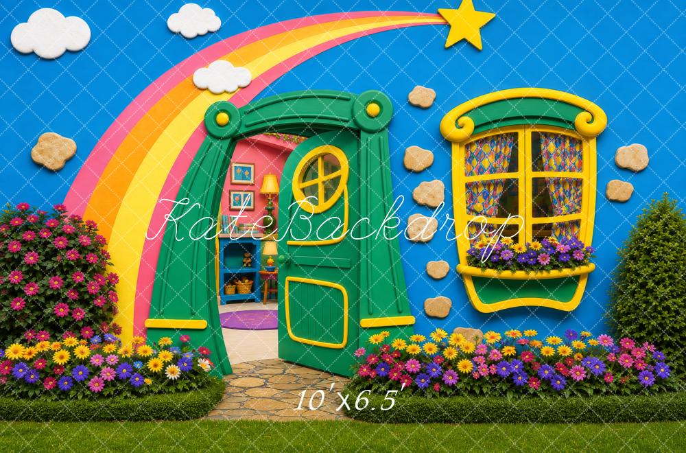 Kate Cake Smash Whimsical Rainbow Star Playhouse Garden Door Window Flowers Printed Backdrop Designed by Shutter Swan Studios