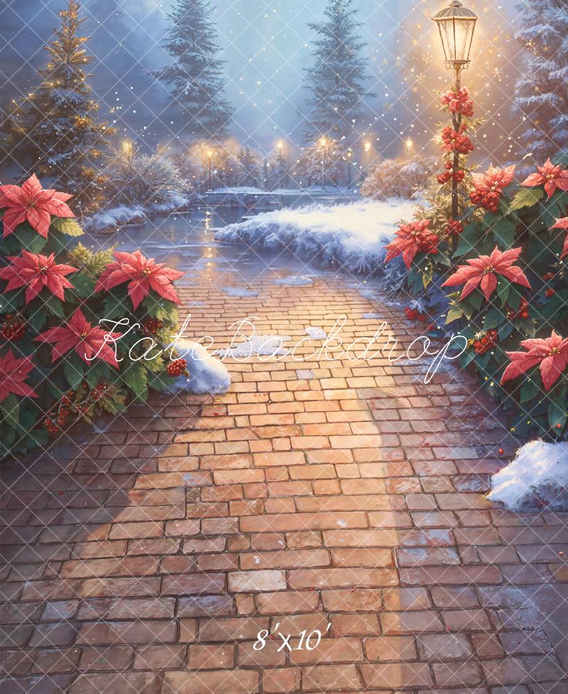 Kate Christmas Snowy Poinsettia Brick Pathway Backdrop Designed by Emetselch