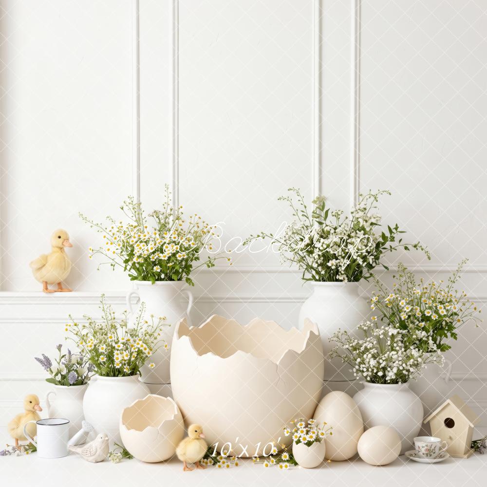 Kate Easter Cracked Egg Ducklings Daisy Flowers White Printed Backdrop Designed by Patty Roberts
