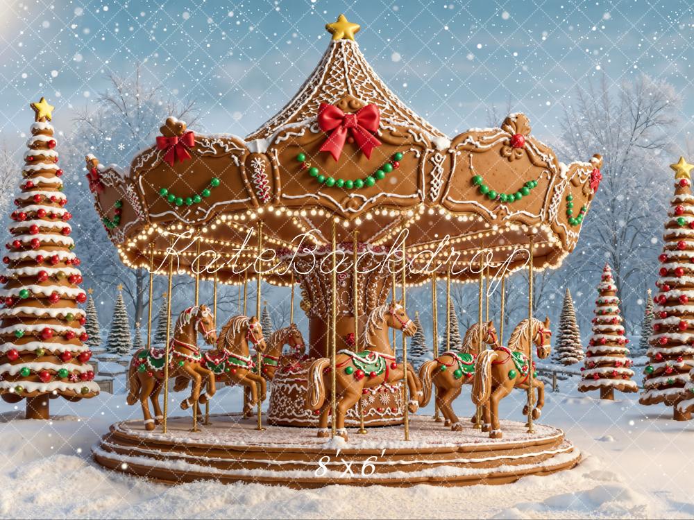 Kate Christmas Carousel Gingerbread Horses Snowy Trees Backdrop Designed by Emetselch