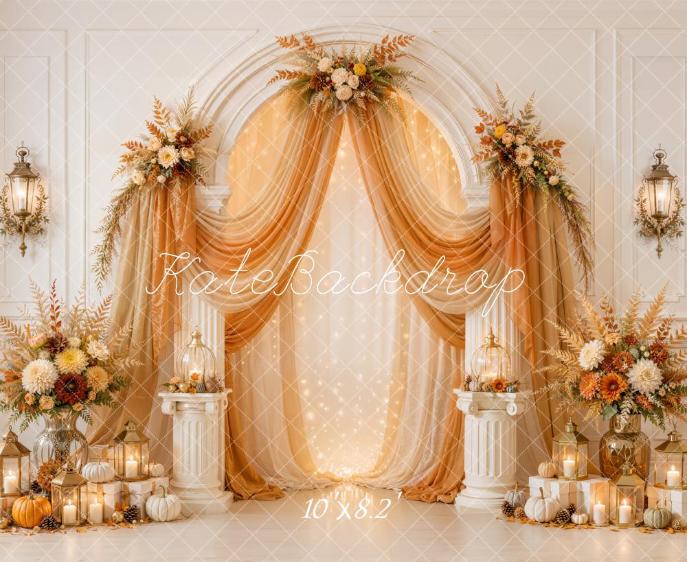 Kate Fall Drapes Flower Arch Pumpkin Candle Lantern Printed Backdrop Designed by Emetselch