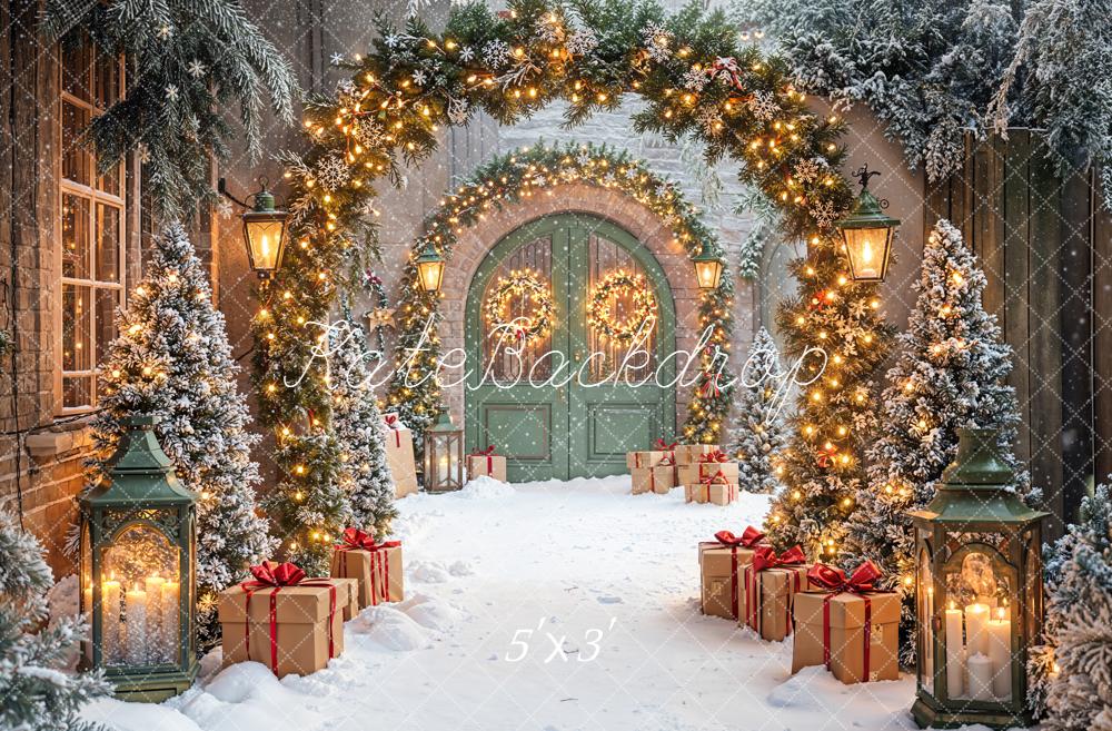 Kate Christmas Garland Archway Snowy Trees Green Doors Backdrop Designed by Emetselch