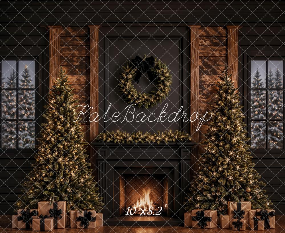 Kate Christmas Fireplace Christmas Trees Wreath Garland Presents Black Printed Backdrop Designed by Emetselch