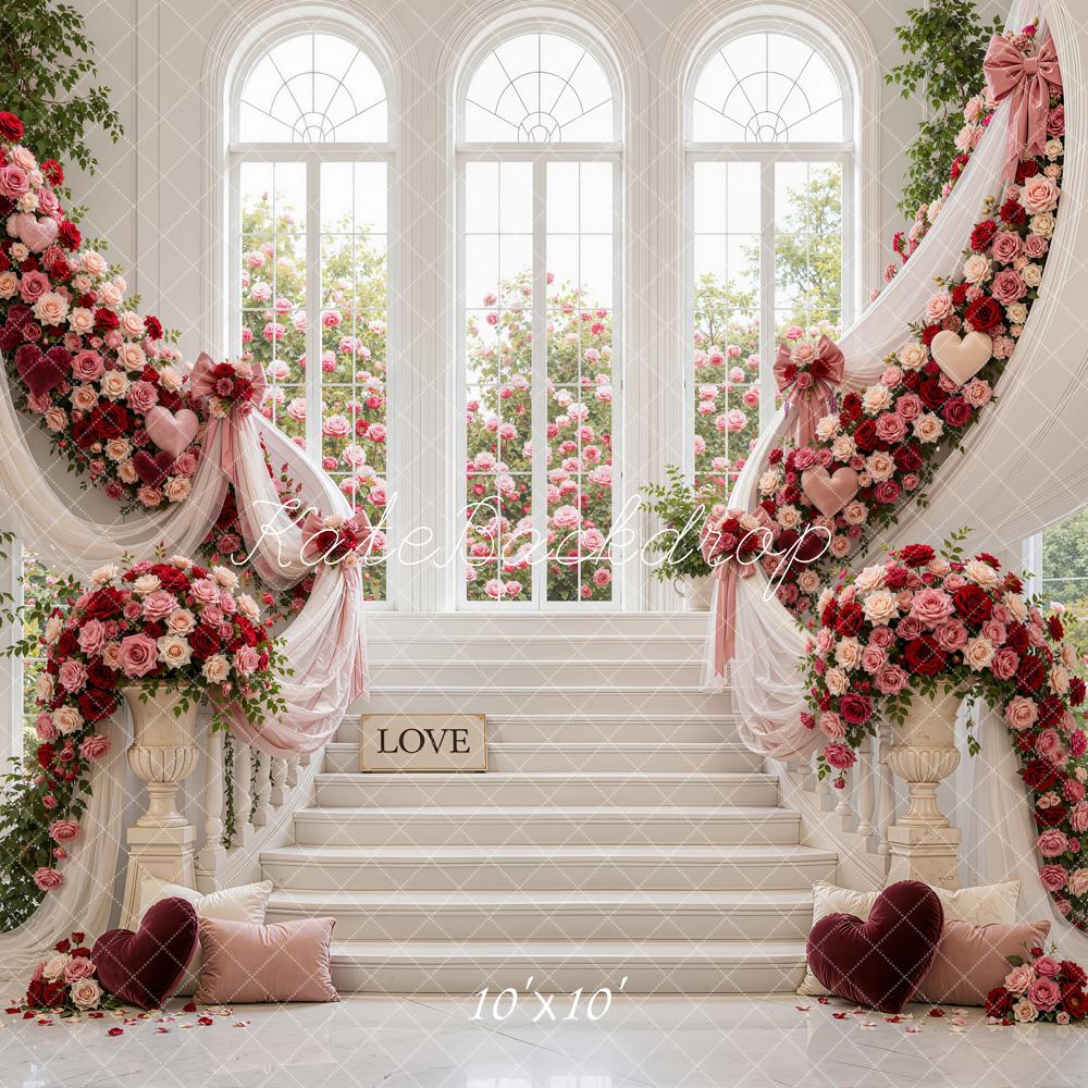 Kate Valentine's Day Cascading Stairs Roses Drapes Arched Windows Printed Backdrop Designed by Emetselch