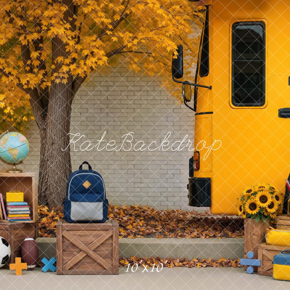 Kate Back To School Bus Maple Tree Backpack Soccer Ball Printed Backdrop Designed by Mini MakeBelieve