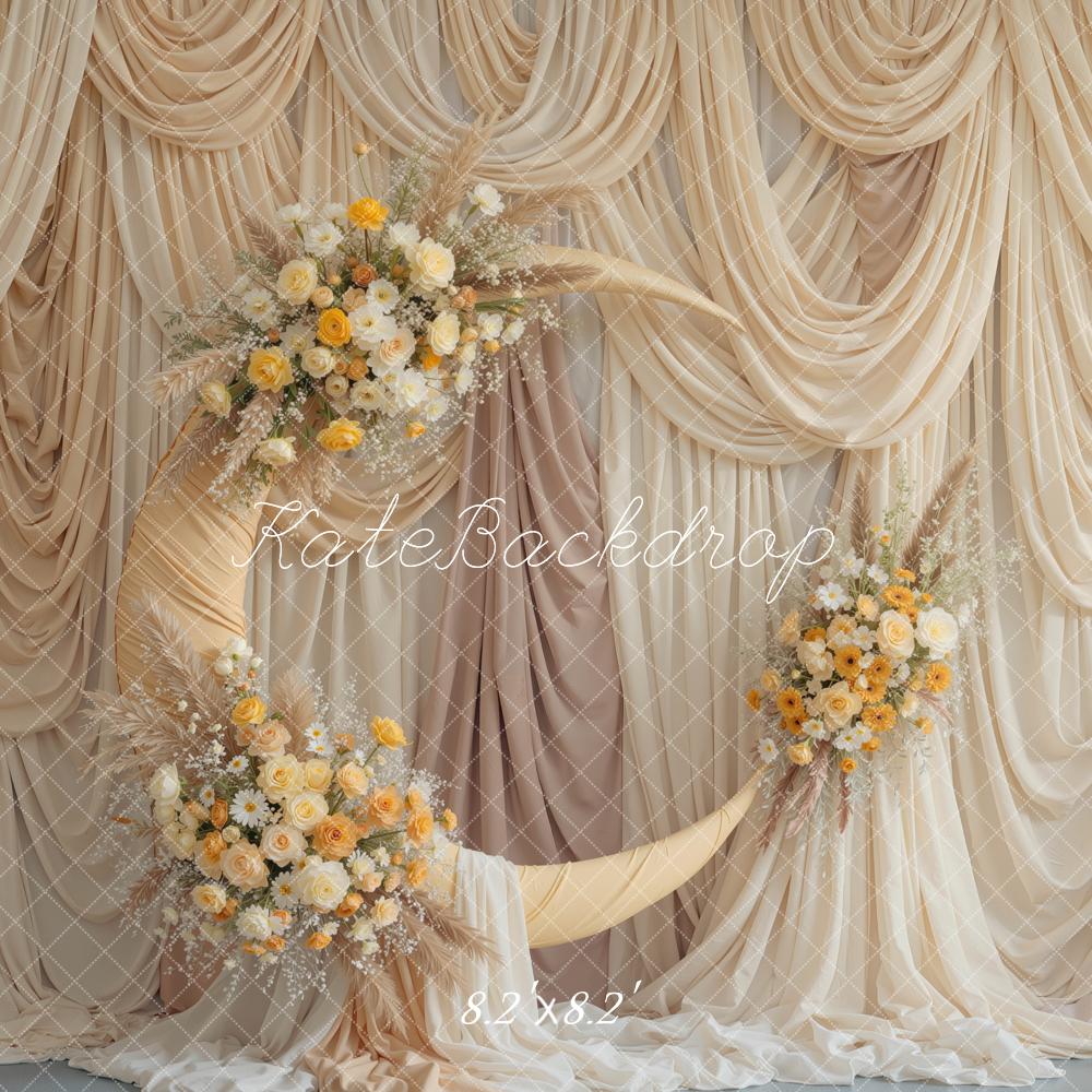 Kate Beige Drapes Crescent Moon Flower Printed Backdrop Designed by Mini MakeBelieve