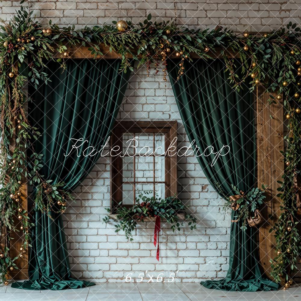 Kate Christmas Green Curtain Brown Window White Brick Wall Printed Backdrop Designed by Emetselch