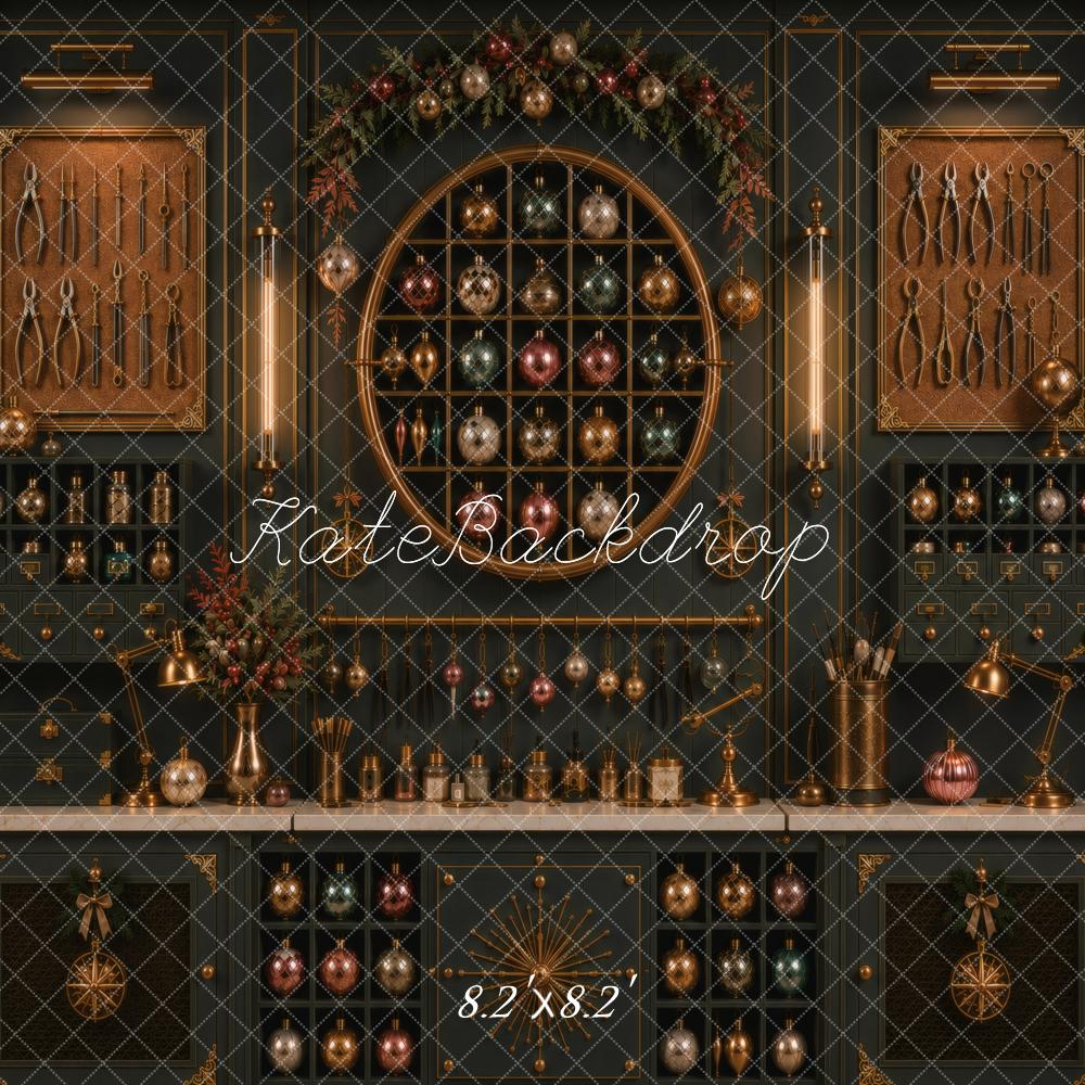 Kate Christmas Dark Cabinet Ornaments Workshop Printed Backdrop Designed by Vertigo Productions