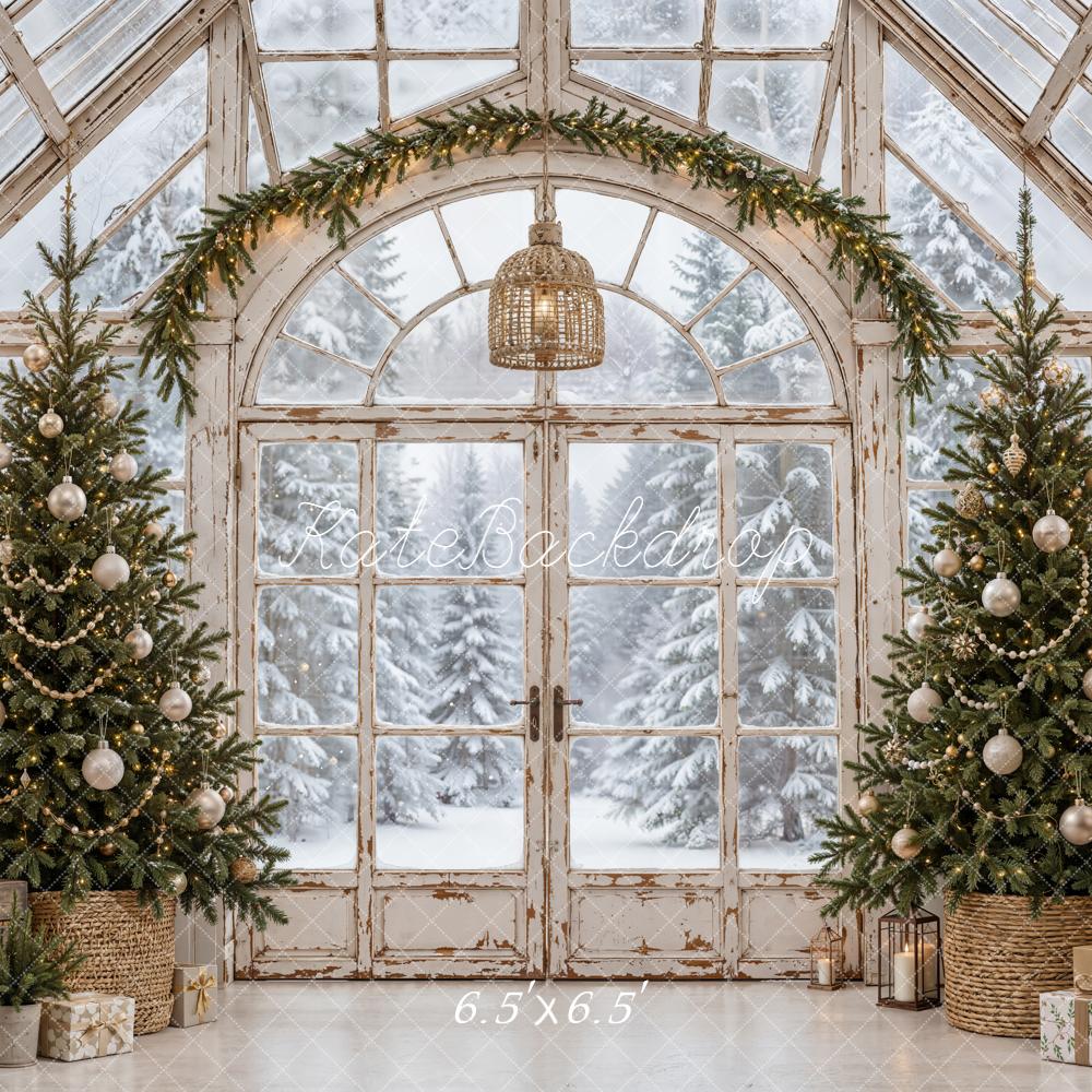 Kate Christmas Vintage Greenhouse Christmas Trees Garland Snowy Printed Backdrop Designed by Emetselch