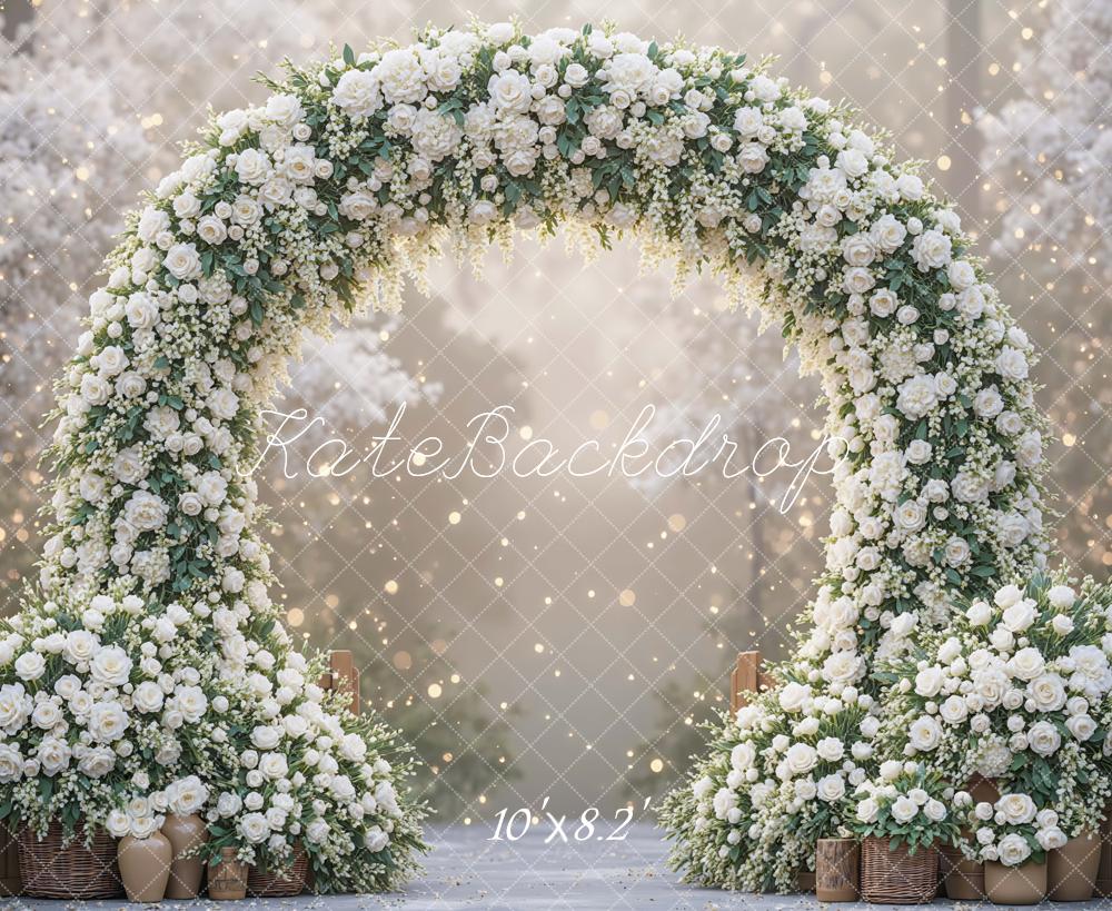 Kate Spring Flower Arch White Roses Bokeh Backdrop Designed by Mini MakeBelieve