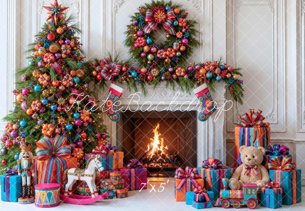 Kate Christmas Tree Fireplace Mexico Wreath Gifts Printed Backdrop Designed by Mini MakeBelieve
