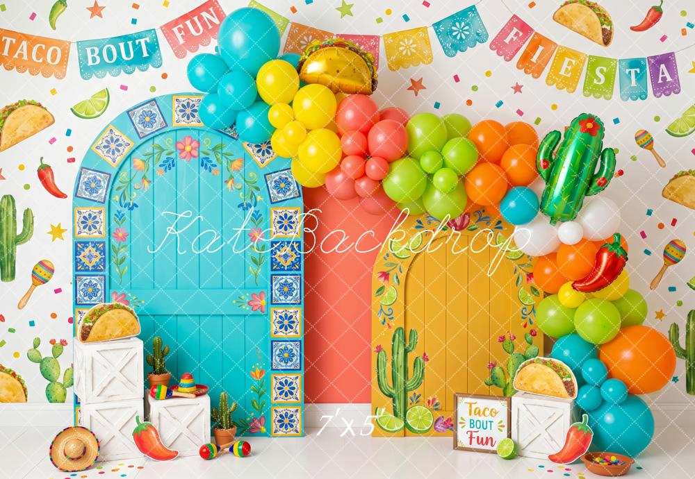 Kate Cake Smash Mexico Taco Fiesta Balloon Arch Cactus Printed Backdrop Designed by Patty Roberts