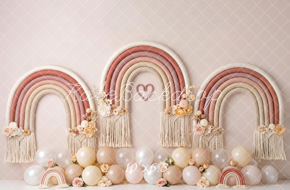 Kate Cake Smash Boho Blush Macrame Rainbow Balloons Printed Backdrop Designed by Patty Roberts