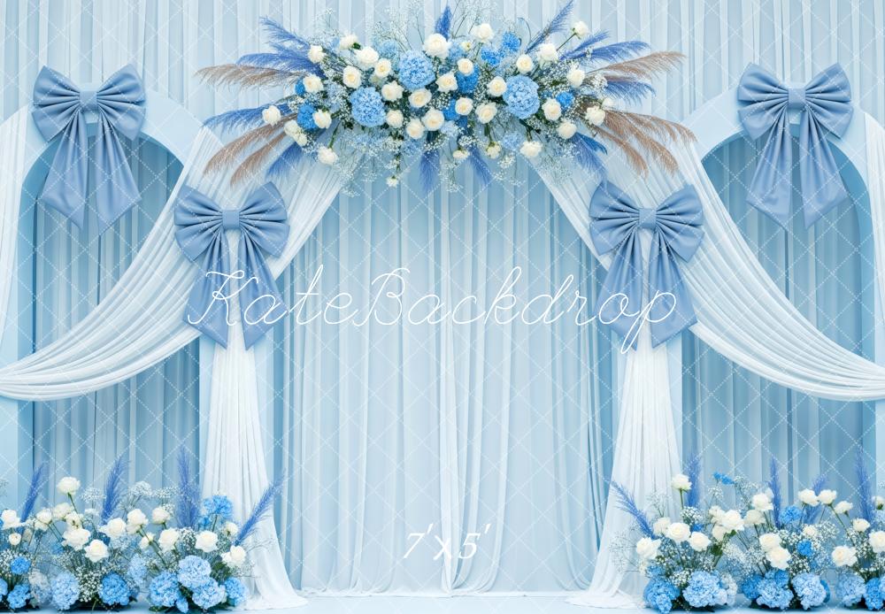Kate Blue Flower Arch White Drapes Bows Backdrop Designed by Patty Roberts