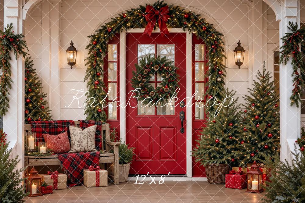 Kate Christmas Red Door Front Porch Garland Trees Gifts Printed Backdrop Designed by Shutter Swan Studios
