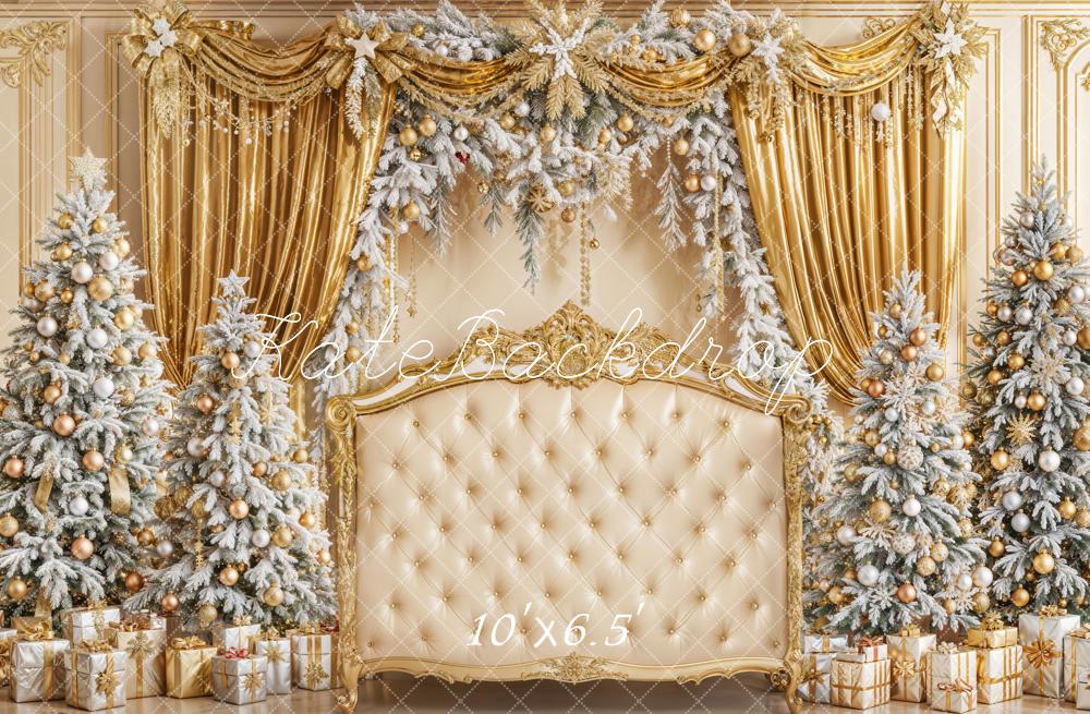 Kate Christmas Trees Headboard Gold Curtains Backdrop Designed by Emetselch